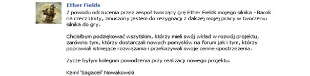 Bezsens. Twórcy Ether Fields zmieniają silnik graficzny: z Barok na Unity Engine. Rezygnacja członka...