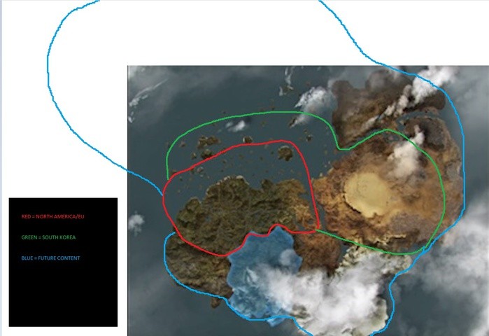 Przypatrzcie się. Czerwonym kolorem zaznaczona jest obecna wielkość świata Black Desert
